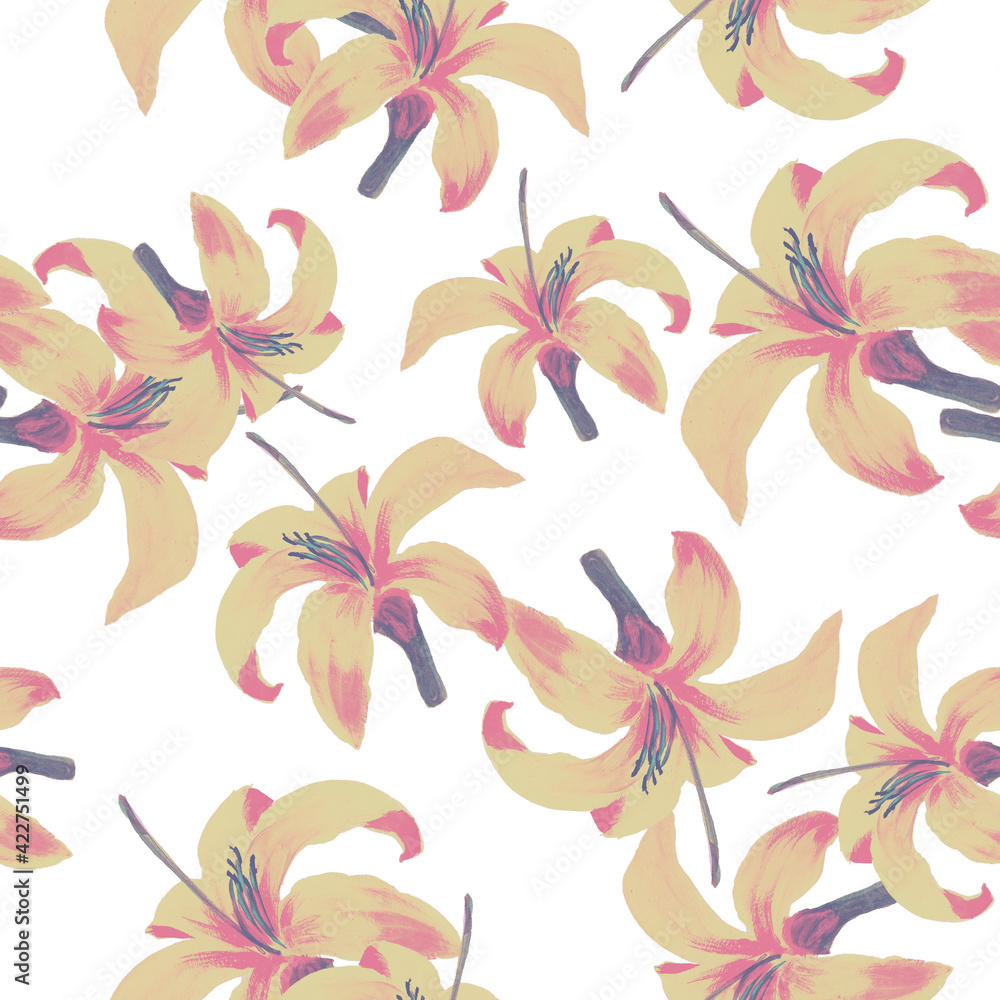 White Seamless Painting. Golden Pattern Foliage. Yellow Tropical Art. Watercolor Exotic. Flora Nature. Floral Vintage. Spring Background. Wallpaper Textile.