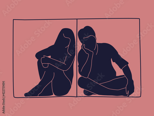 Divorce illustration concept. Separated by a wall couple. A man and a woman split up in isolation. Vector. 