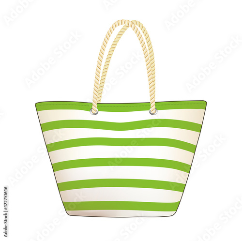 green white stripe tote bag, summer beach bag vector illustration