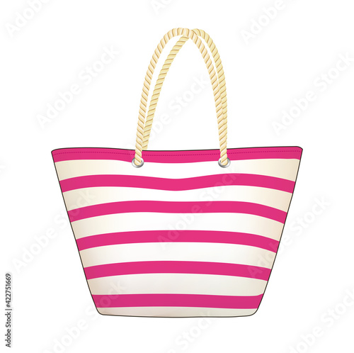 pink white stripe tote bag, summer beach bag vector illustration