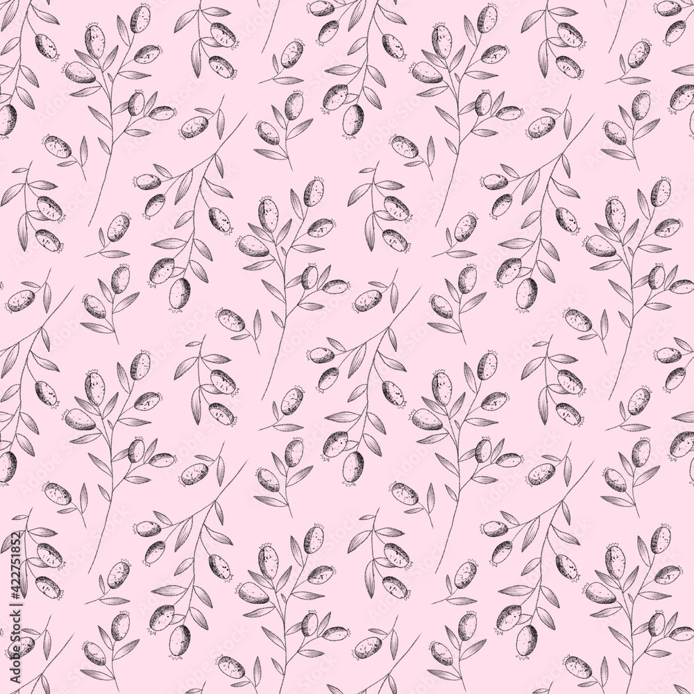 Black Rosehips with flowers and berries seamless pattern for tea. Black and white Graphic drawing, engraving style. hand drawn illustration on white background