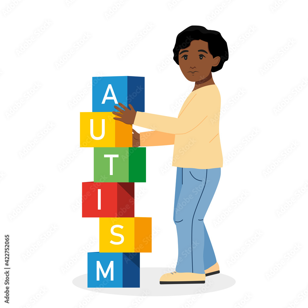 Autism concept. Afro american child stacks cubes with text. Vector illustration in cartoon style. Autism concept. Afro american child stacks cubes with text. Vector illustration in cartoon style.