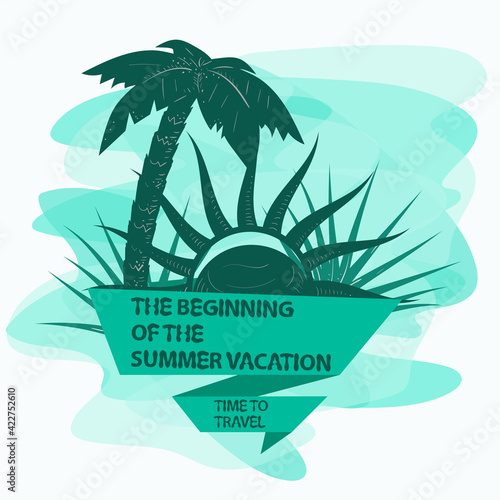 icon sticker for creating a design on the theme of recreation vacation and travel Tree palm tree and sun with a flag inscription slogan background can be removed