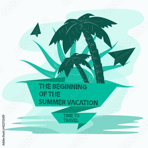 icon sticker for creating a design on the theme of recreation vacation and travel Trees palm trees with paper planes with a flag an inscription a slogan the background can be removed