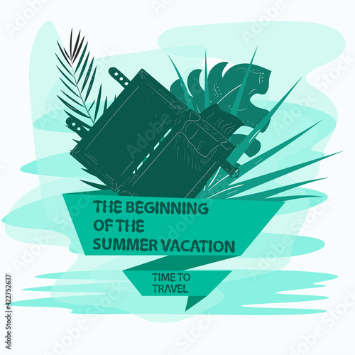 icon sticker for design design on the theme of leisure vacation and travel Open travel suitcase and palm leaves with a flag inscription slogan background can be removed