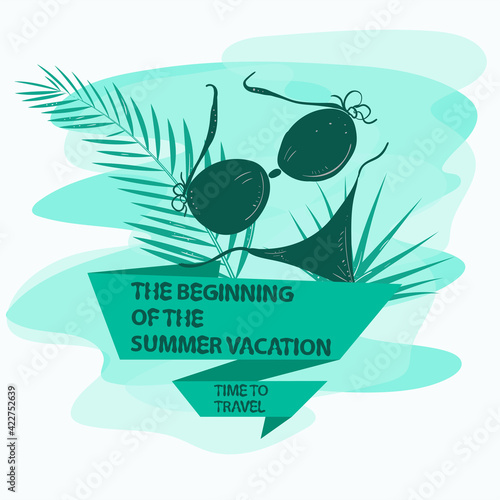 icon sticker for design design on the theme of leisure vacation and travel Women's swimsuit bikini with palm leaves with a flag an inscription a slogan the background can be removed