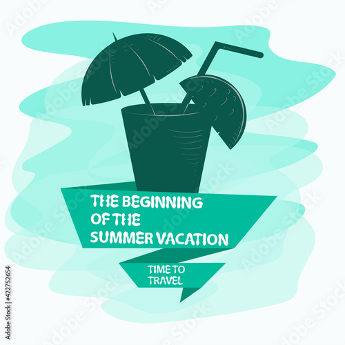 icon sticker for design design on the theme of recreation vacation and travel a glass with a drink inside an umbrella and a slice of fruit and a flag with an inscription slogan 