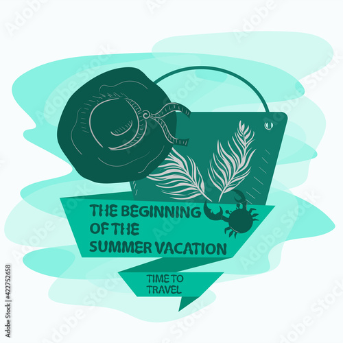 icon sticker for design design on the theme of recreation vacation and travel Bag and hat panama sun hat with a flag inscription slogan background can be removed