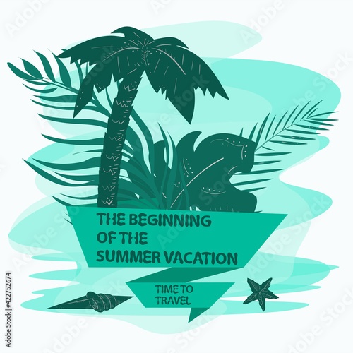 icon sticker for design design on the theme of recreation vacation and travel Palm leaves sea shells with a flag an inscription a slogan the background can be removed