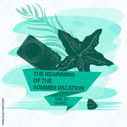 icon sticker for design design on the theme of recreation vacation and travel Starfish and a camera with a flag an inscription a slogan the background can be removed