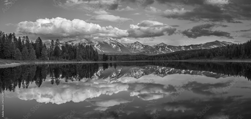 Lake with a beautiful reflection in the Altai mountains, black and white landscape