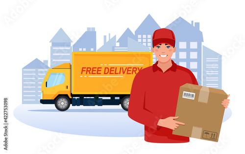 Smiling courier in uniform with a parcel box in his hands and a yellow delivery truck on the background of the city.  Fast delivery service. Vector illustration 