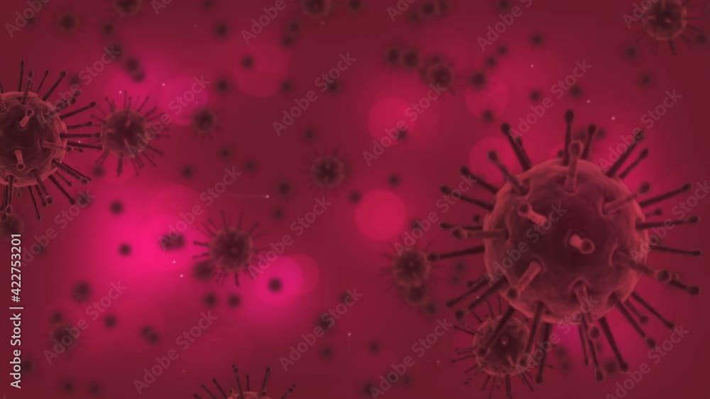 Animation of covid 19 cells floating over multiple spots of light on red background Animation of covid 19 cells floating over multiple spots of light on red background