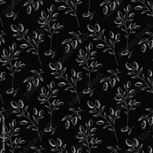 white Rosehips with flowers and berries seamless pattern for tea. Black and white Graphic drawing, engraving style. hand drawn illustration on black background