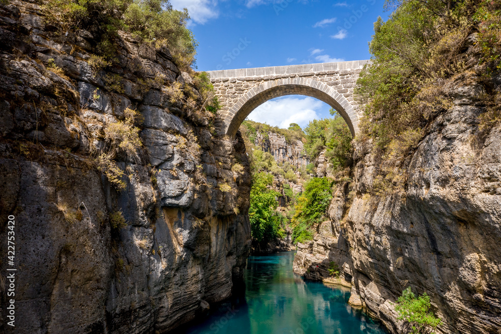 Ancient arch bridge Oluk over the Koprucay river gorge in Koprulu national Park in Turkey. Panoramic scenic view of the canyon and blue stormy mountain river