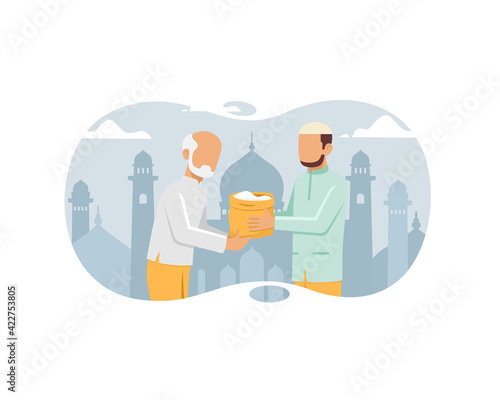 Muslim man giving alms or zakat to old man in the month of ramadan concept. Islamic flat vector illustration