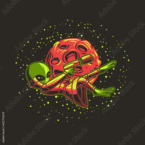 t shirt design alien takes aim with gun against the moon illustration