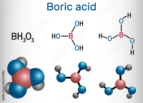 Boric acid, hydrogen borate, boracic acid, orthoboric acid molecule. It is hydrate of boric oxide with antiseptic, antifungal, antiviral properties. Skeletal formula, model