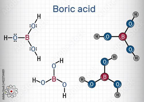 Boric acid, hydrogen borate, boracic acid, orthoboric acid molecule. It is hydrate of boric oxide with antiseptic, antifungal, antiviral properties. Sheet of paper in a cage