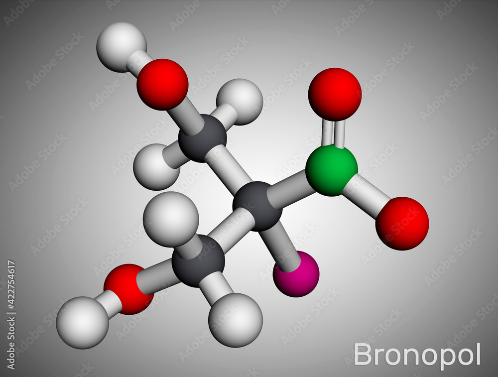 Fototapeta premium Bronopol molecule. It is preservative, is used as a microbicide or microbiostat. Molecular model. 3D rendering
