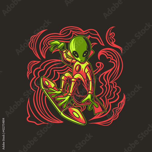t shirt design alien the waves in style surfing illustration