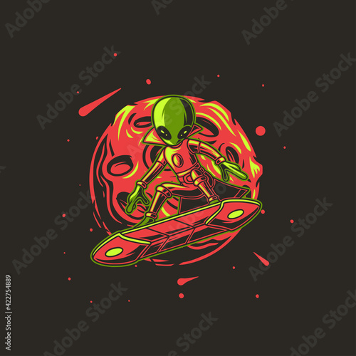 Photography t shirt design alien with moon background surfing illustration