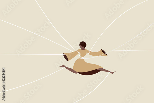 Conceptual illustration of a girl with controlling strings tied to her while in motion