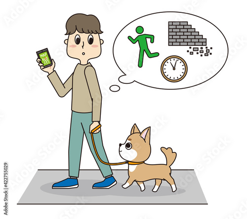 ペットの愛犬と災害からの避難ルートを考える男性