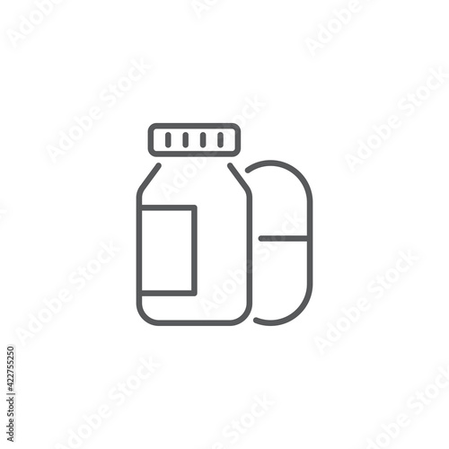Medicine bottle and pills icon isolated on white background. Bottle pill sign. Pharmacy design. Set icons colorful square buttons. Vector Illustration