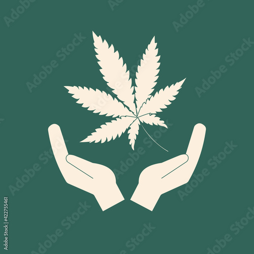 Cannabis legalization. Hands are holding a marijuana leaf. Trending colors. Cultivation and Medical Uses of the Narcotic Plant. Vector graphics.