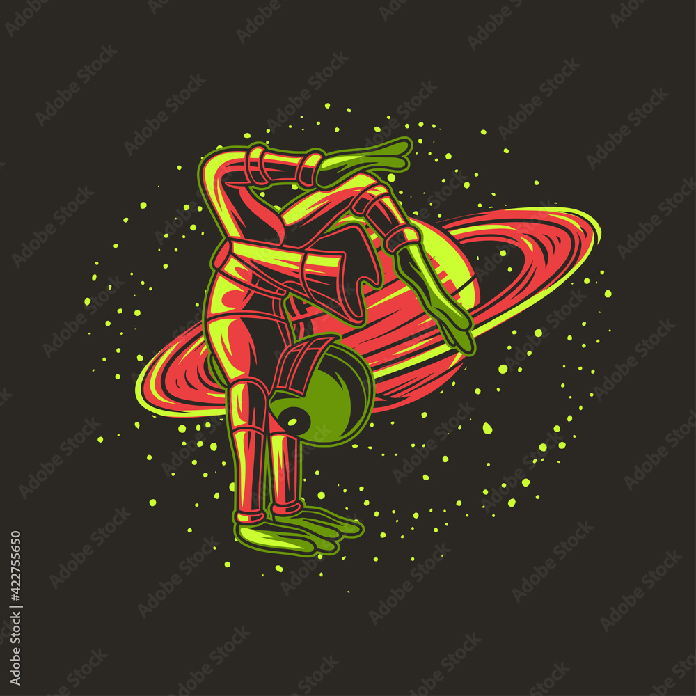 t shirt design alien exercises with hands down and feet up with planet background yoga illustration t shirt design alien exercises with hands down and feet up with planet background yoga illustration