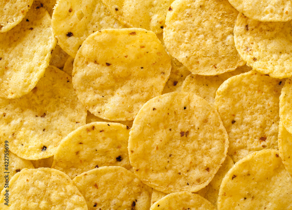 Overhead view of tasty tortilla chip rounds Overhead view of tasty tortilla chip rounds