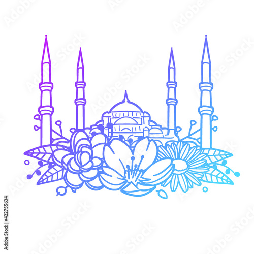 Hagia sophia Rose Flower with Vintage Church Design. Turkey Istanbul Floral frame ornament vector style. Decoration Design Wreat illustration.