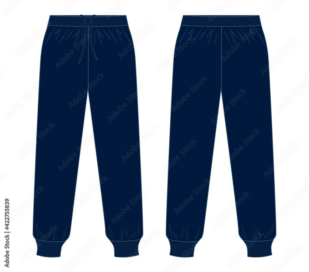 Blank Navy Blue Tracksuit Pants Template on White Background. Front and Back Views, Vector File. Blank Navy Blue Tracksuit Pants Template on White Background. Front and Back Views, Vector File.