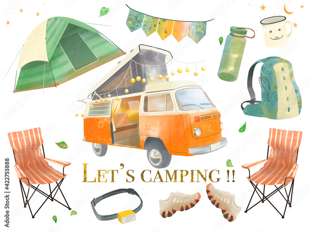 おしゃれなキャンプのアウトドアグッツとキャンピングカーのイラスト Stock イラスト Adobe Stock おしゃれなキャンプのアウトドアグッツとキャンピングカーのイラスト Stock イラスト Adobe Stock