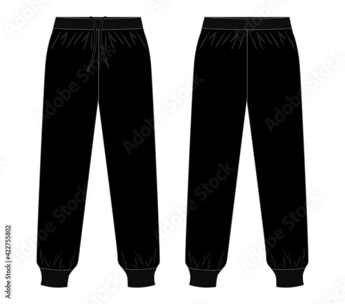 Blank Black Tracksuit Pants Template on White Background. Front and Back Views, Vector File.