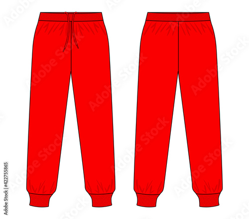 Red Tracksuit Pants Template on White Background. Front and Back Views, Vector File.