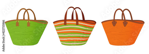 Set of straw bags with different handles, colorful tote bag, summer beach bag vector illustration