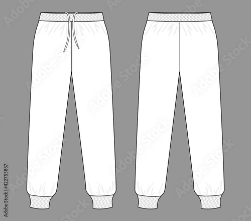 White Tracksuit Pants Template on Gray Background. Front and Back Views, Vector File.