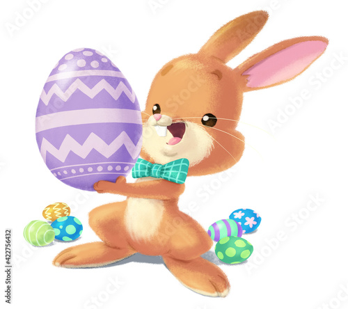 Cute illustration of an Easter bunny holding a large easter egg.