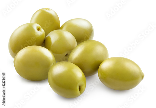 Group of delicious green olives, isolated on white background