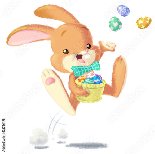 Cute illustration of a hopping Easter bunny with a basket of Easter Eggs. Isolated on a white background.