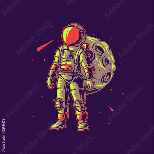 t shirt design astronaut carrying an bag against the moon adventure illustration © Wahyu