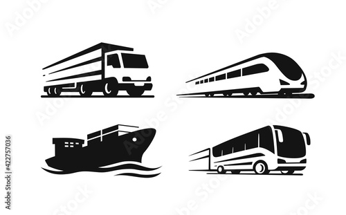Four transport vehicles. Ship, truck, bus, train
