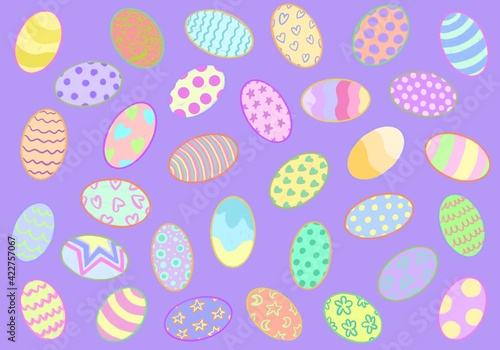 Hand drawn cartoon wallpapers with different multicolour Easter eggs. Pastel shades. Purple background.