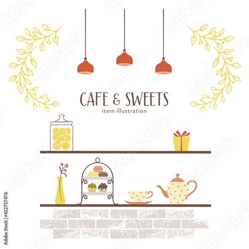 ディススプレイ棚とカフェグッズのイラスト-4