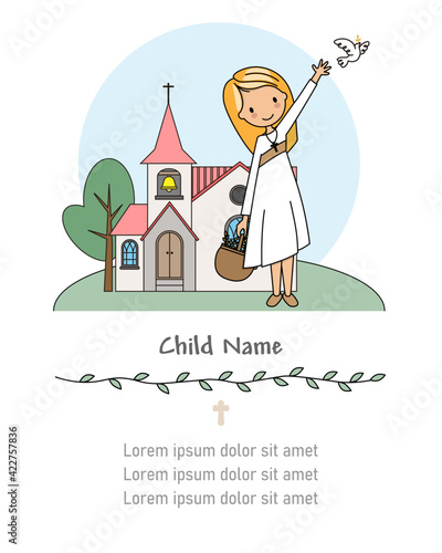 My first communion card. Girl with church in background