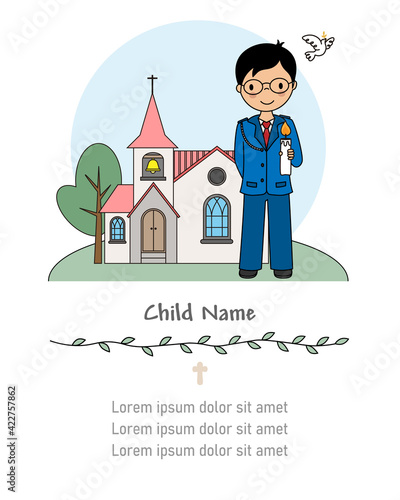 My first communion card. Boy with church in background