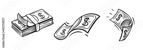 Black and White doodle Dollar Bill. Sketch Hand Made. For business, shopping, sale and financial concept