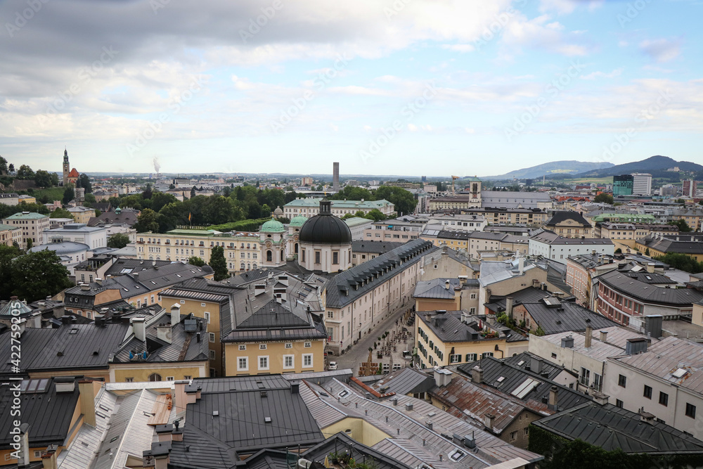 View of the older part of the city of Salzburg, one of the largest cities in Austria during a morning walk from the Kapuzinerberg. A quiet part of town. Salzburg tourist center